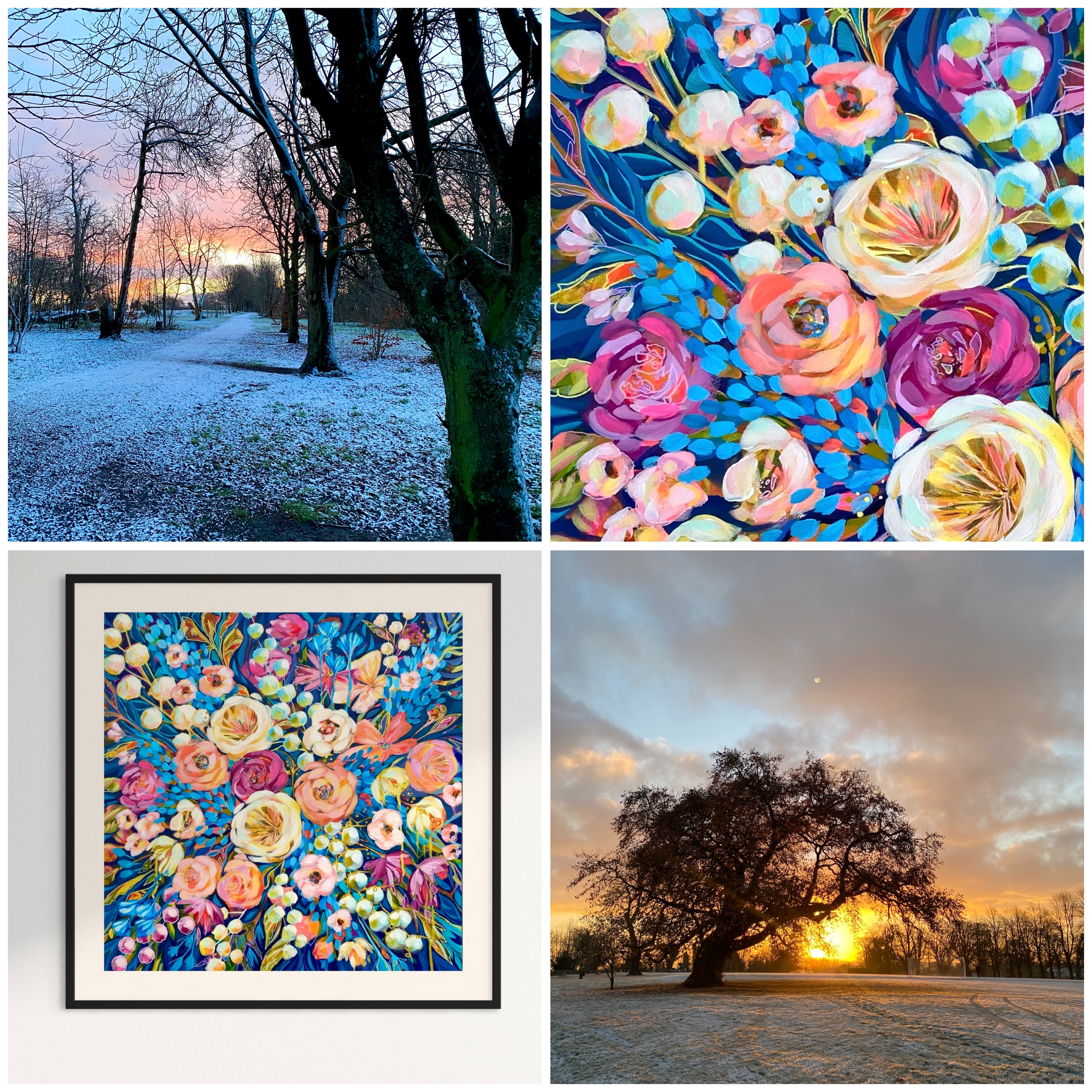 winter inspired colour palettes and images of winter landscape and floral painting