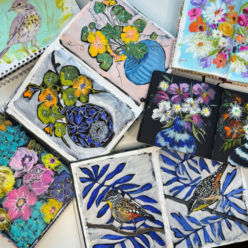 developing ideas for floral paintings in sketchbooks